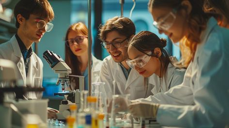 Scientists at work: A team of young scientists engaged in research, conducting experiments in a modern laboratory setup. #laboratory #scientists #research #experiment #teamwork #microscope #lab coats #innovation #aiart #aiphoto #stockcake https://ayr.app/l/vjLS Lab Reference, Microscope Lab, Journalism Job, Lab Experiment, Physics Lab, Physics Experiments, Work Images, Lab Coats, Preschool Learning