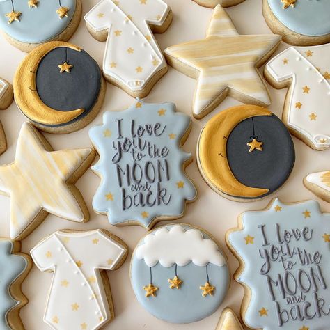 Madison Koutrouba on Instagram: “I love you to the moon and back🌙” Moon And Back Cookies, Love You To The Moon And Back Gender Reveal, Love You To The Moon And Back Cookies, Over The Moon Cookies Decorated, Love You To The Moon And Back Baby Shower Theme, To The Moon And Back Cake, Love You To The Moon And Back Cake, Love You To The Moon And Back Babyshower Theme, Love You To The Moon Baby Shower Theme