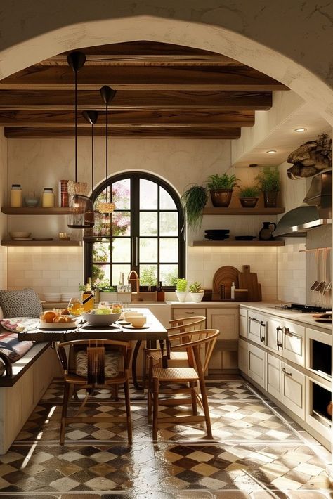 Mediterranean Spanish Style Homes Interior, Traditional Italian Kitchen Design, Mediterranean Tile Kitchen, Mediterranean House Kitchen, Spanish Style Color Palette, Tuscany Villa Interior, Mediterranean Homes Kitchen, Ranch Style Homes Kitchen, Meditteranean Kitchen