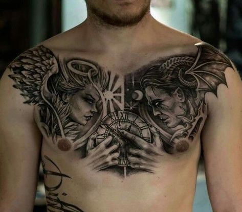 Angel And Demon Tattoo Men Chest, Angel And Demon Chest Tattoo, Realism Chest Tattoo Men, Chest Cover Up Tattoos Men, Chicano Chest Tattoo, Good And Evil Tattoos, Chest Tattoo Drawings, Full Chest Tattoos, Evil Tattoos