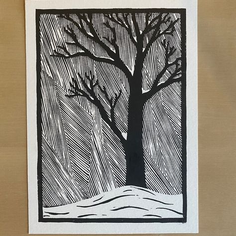 Snowy Tree Linocut Print - Etsy Tree Linocut, Woodcut Printing, Woodcut Art, Lino Cuts, Linoleum Print, Linocut Printmaking, Lino Art, Relief Printing, Snowy Trees