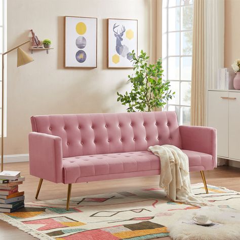 adorable velvet pink couch, that transforms a room in seconds! found on amazon! #ad #affiliate #commission Pink Futon, Velvet Sofa Bed, Pink Couch, Modern Sofa Bed, Futon Couch, Simple Sofa, Couch And Loveseat, Futon Sofa Bed, Futon Bed