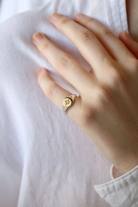 North Star Ring, Delicate Jewellery, Diamond Signet Ring, Dainty Studs, Gold Signet Ring, Diamond Star, Enamel Ring, Star Ring, Delicate Jewelry