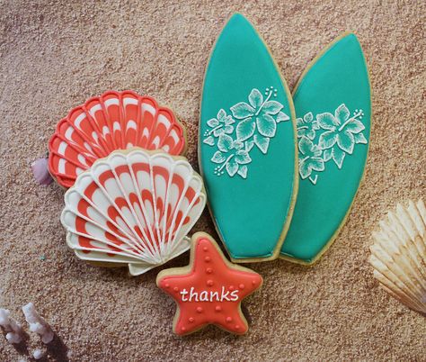 Surfboard Cookies, Ocean Cookies, Nautical Cookies, Seashell Cookies, Sea Cookies, Cookies Summer, Summer Sugar Cookies, Beach Surfboard, Cookies Design