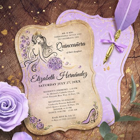 Lilac Lavender Gold Princess Quinceanera Birthday Invitation - tap to personalize and get yours #Invitation #lilac #princess #quinceanera #invitations, #lavender Horse Birthday Invitations, Invitations Quinceanera, Elegant Birthday Invitations, Scroll Invitation, Quince Invitations, Butterfly Invitations, Horse Birthday, Sweet 16 Birthday Party, Quinceanera Party