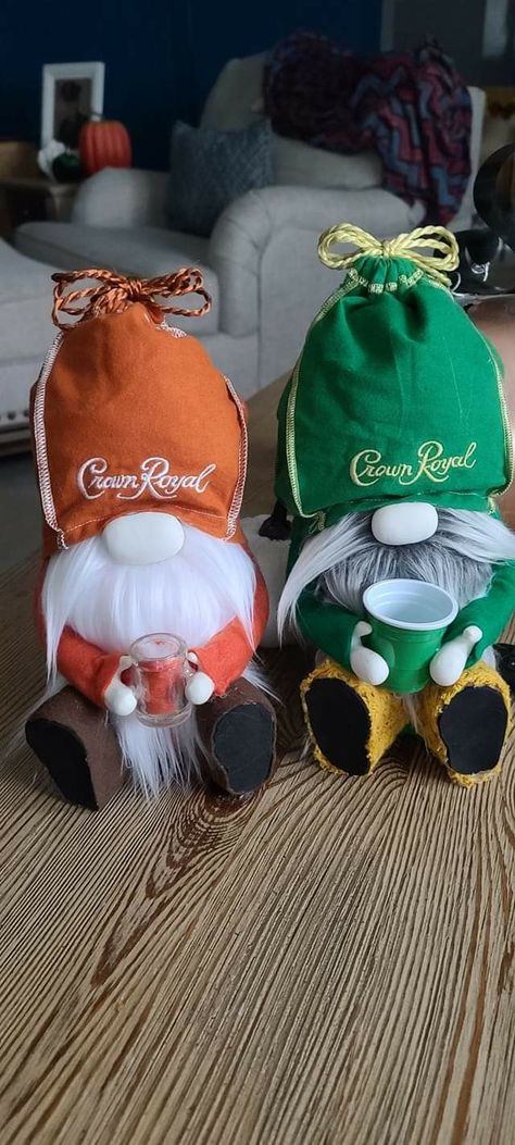 Crafts With Crown Royal Bags, Gnomes From Crown Royal Bags, Crown Royal Gnome Diy Pattern, Crown Royal Bag Gnomes Diy, Crown Royal Gnomes Diy, Crown Royal Gnome Pattern, Crown Royal Bag Crafts, Crown Royal Gnomes, What To Make Out Of Crown Royal Bags