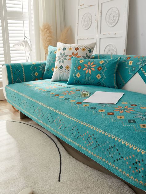 1pc Geometric Jacquard Sofa TowelI discovered amazing products on SHEIN.com, come check them out! Polyester Sofa, Sofa Protector, Chenille Sofa, Deco Salon, Geometric Embroidery, Plush Sofa, Versatile Furniture, Table Sofa, Boho Geometric