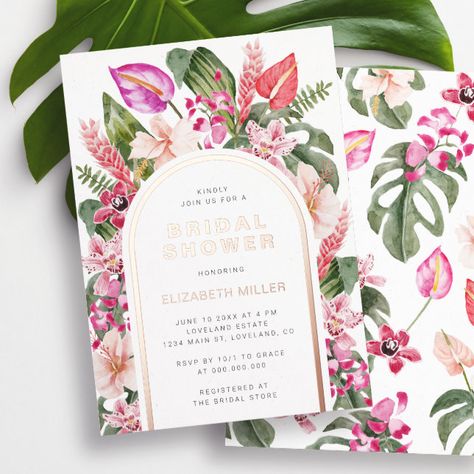 Tropical Bridal Shower Invitations, Magenta Wedding, Green Palm Leaves, Romantic Florals, Tropical Baby Shower, Tropical Bridal Showers, Tropical Bridal, Bridal Luncheon, Pink Hibiscus