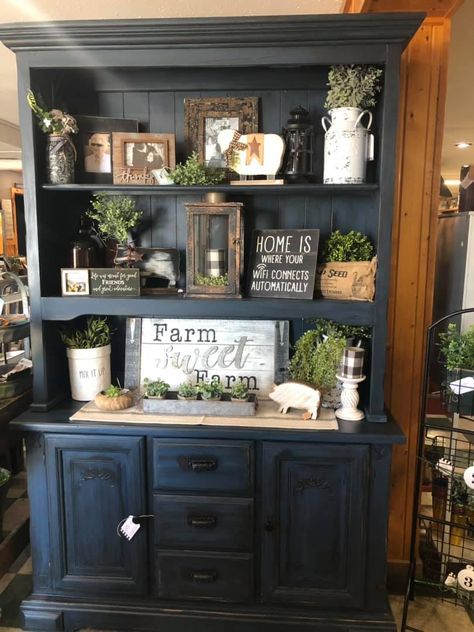 Hutch For Living Room, Sideboard With Hutch, Open Hutch Decorating Ideas, Black Hutch Farmhouse, Hutch Decorating Ideas Farmhouse, Living Room Hutch Decorating Ideas, Fall Hutch Decor Ideas, Hutch Decorating Ideas Display, Top Of Hutch Decor