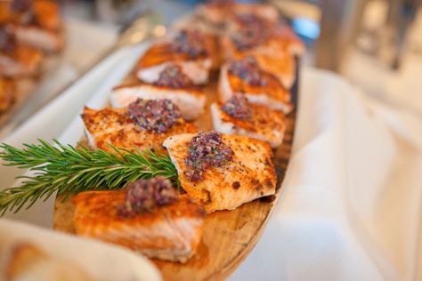 Cedar-planked salmon -- rustic, elegant and delicious Wedding Reception Food Buffet, Wedding Buffet Food, Fall Menu, Buffet Ideas, Fall Dinner Party, Menu Wedding, Reception Food, Dinner Party Menu, Wedding Reception Food