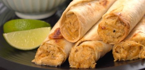 Taquitos might not be the most authentic Mexican-inspired dish out there, but with this recipe, they just might be the most tasty AND convenient! Work Recipes, Taquitos Recipe, Chicken Taquitos, Cheesy Chicken, Mexican Dishes, Slow Cooker Chicken, Burritos, Chicken Recipe, Mexican Food