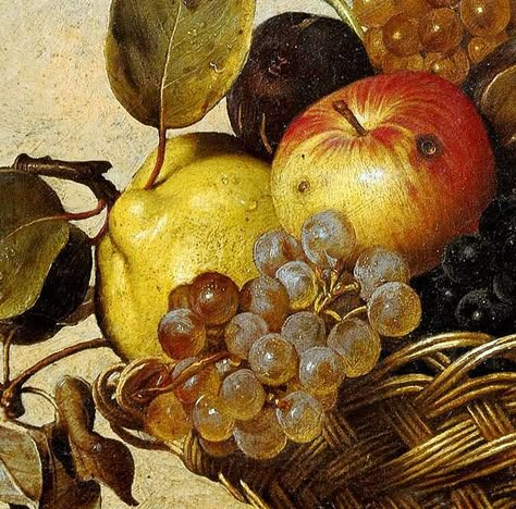 Caravaggio 'Basket of Fruit' (detail) c.1599 by Plum leaves, via Flickr Michelangelo Caravaggio, Caravaggio Paintings, Baroque Painting, Italian Baroque, Still Life Fruit, Baroque Art, Italian Painters, Fruit Painting, Still Life Art