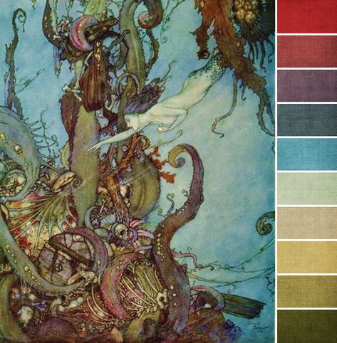 July color palette Hans Andersen, Mermaid Poster, Edmund Dulac, Sea Illustration, Mermaid Illustration, Hans Christian, Ariel The Little Mermaid, Snow Queen, Mermaid Art