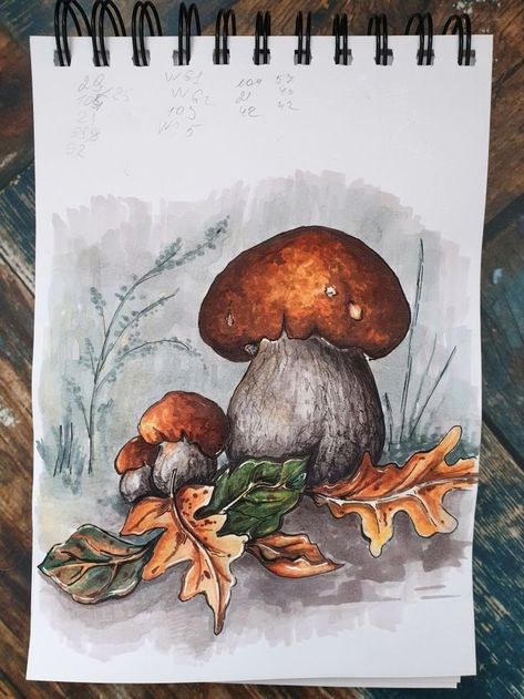 Mushroom Pastel Art, Mushroom Marker Drawing, Marker Art Flowers, Drawing Ideas Autumn, Mushroom Watercolor Paintings, Sketch With Markers, Fall Watercolor Paintings, Fall Watercolor Art, Halloween Watercolor Art