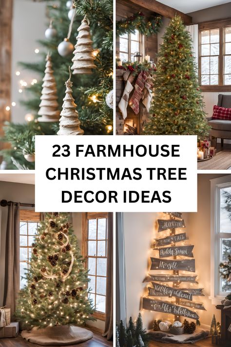 A rustic farmhouse Christmas tree decorated with pinecones, wooden ornaments, and burlap ribbons for a natural, cozy holiday style. Christmas Tree With Wooden Decorations, Christmas Tree Farmhouse Decor, Natural Style Christmas Tree, Christmas Tree With Handmade Ornaments, Rustic Burlap Christmas Tree, Rustic Christmas Tree Garland, Neutral Rustic Christmas Tree, How To Decorate A Rustic Christmas Tree, Rustic Modern Christmas Tree