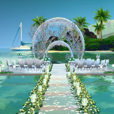 A Sims 4 wedding venue built on the water in Sulani with No CC! The Sims 4 speed build is on my YouTube channel now💙 #ts4 #sims4 #thesims4 #simswedding Wedding Area, Cc The Sims 4, Lotes The Sims 4, Sims 4 Speed Build, Sims 4 Bedroom, Sims 4 House Building, Sims 4 Game Mods, Tumblr Sims 4, Sims 4 Expansions