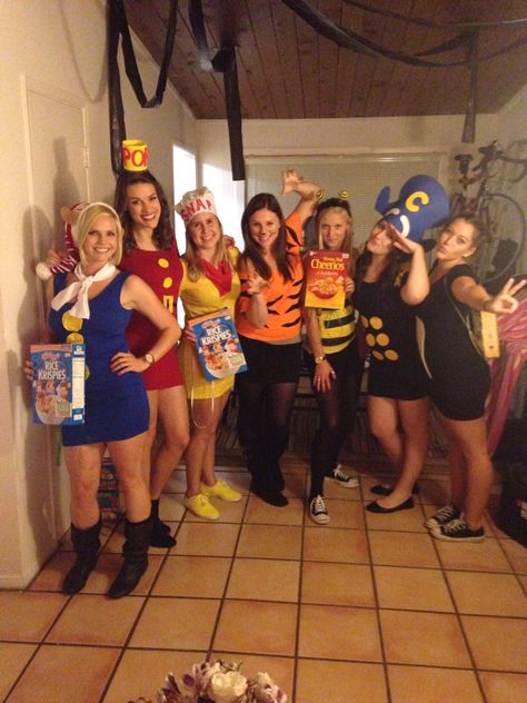 Cereal Characters Halloween costumes Cereal Characters Halloween Costumes, Food Mascot Costumes, Cereal Mascot Halloween Costumes, Cereal Mascot Costumes, Cereal Costume Ideas, Cereal Character Costumes, Cereal Costume, Characters Halloween Costumes, Sorority Halloween Costumes