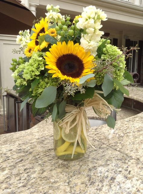 Hydrangea Sunflower Arrangement, Sunflower Arrangements In Mason Jars, Sunflower Mason Jar Centerpieces, Sunflower Arrangements Vases, Tall Vase Flower Arrangements, Sunflower In Vase, Jar Arrangements, Vase Inspiration, Sunflower Weddings