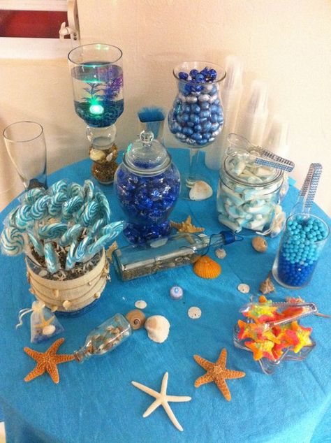 mermaid CANDY BAR Baby Shower Themes For Boys, Beach Centerpieces, 2023 Beach, Ocean Theme Party, Jasmine Bridal, Ocean Birthday, Sea Baby Shower, Sea Birthday Party, Mermaid Parties