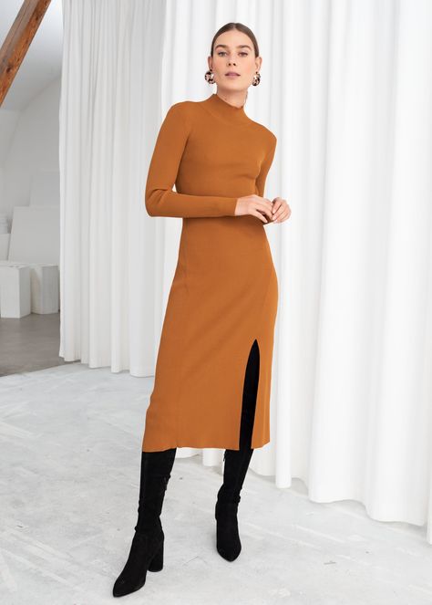 &other Stories Ribbed Turtleneck Midi Dress Fashionable Business Attire, Chic Business Attire, Turtleneck Midi Dress, Business Attire Women, Dress With Long Sleeves, Knit Turtleneck, Ribbed Turtleneck, Autumn Street Style, Business Attire