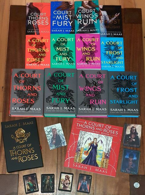 My ACOTAR collection, including the original paperbacks, new paperbacks, and new hardbacks of the first 4 books (ACOTAR, ACOMAF, ACOWAR, and ACOFAS), then the collector's edition of ACOTAR, the colouring book, tarot cards of Lucien, Tamlin and Rhys, and playing cards of Lucien, Tamlin, Elain and Nesta, and a necklace that says "To the stars who listen - and the dreams that are answered". Acotar Collectors Edition, Acotar Book Series, Acotar Series Books, Acotar Book Cover, Book Checklist, Acotar Books, Amazon Kindle Books, Acotar Series, Book Log