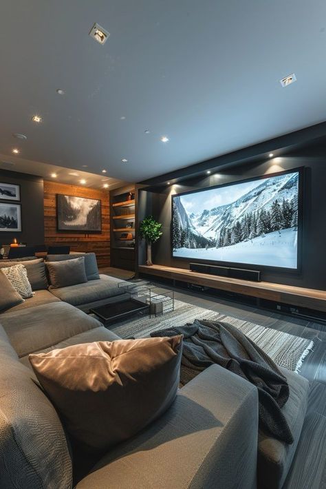 Apartment Theater Room, Cozy Basement Tv Room, Functional Basement Ideas, Basement Family Room Ideas Cozy Living Interior Design, Projector In Basement, Living Room With Large Tv, Entertainment Room Ideas Family, Bonus Room Ideas Multipurpose, Cozy Movie Room