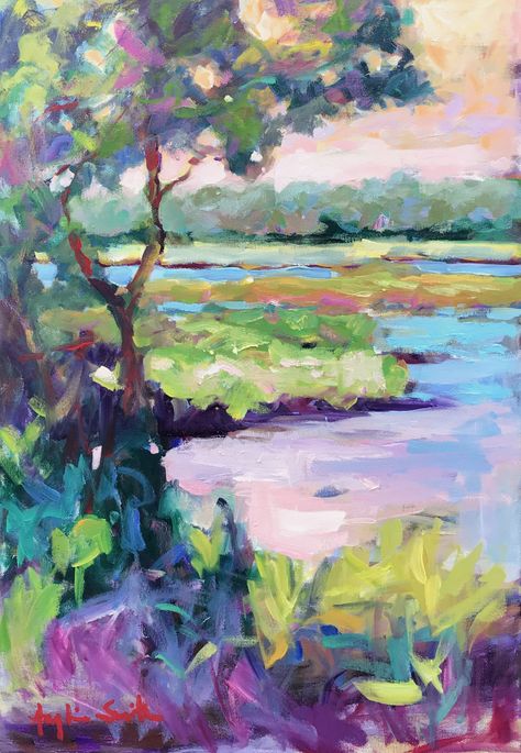 Charleston Acrylic Painting, Betty Anglin Smith Paintings, Paint Practice, Charleston Art, Colorful Landscape Paintings, Southern Artist, Abstract Tree Painting, Pastel Artwork, Art Bar