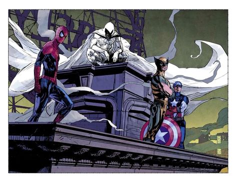 Spider-Man, Moon Knight, Wolverine, Captain America Marvel Knights, Marvel Moon Knight, Comic Book Artwork, Marvel Comic Universe, Moon Night, Marvel Comic Books, Moon Knight, Avengers Assemble, Marvel Heroes