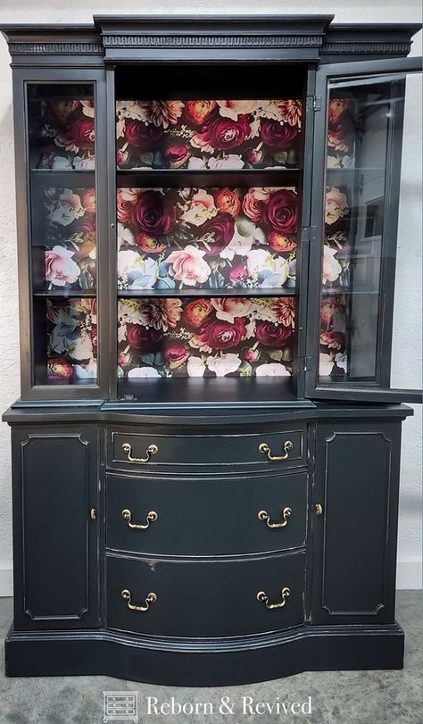 China Cabinet With Wallpaper, Cabinet With Wallpaper, Redone Furniture, Hutch Makeover, Paisley Wallpaper, With Wallpaper, Redo Furniture, Hutch, Stick Wallpaper