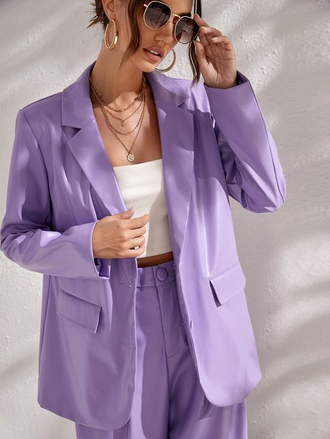 Lilac Purple Elegant Collar Long Sleeve PU Leather Plain Regular Embellished Non-Stretch Spring/Fall Women Suits Purple Blazer Outfit, Short Blazer Outfits, Buisness Outfits, Lavender Outfit, Lilac Blazer, Lavender Skirt, Purple Blazer, Purple Vests, Women Blazers