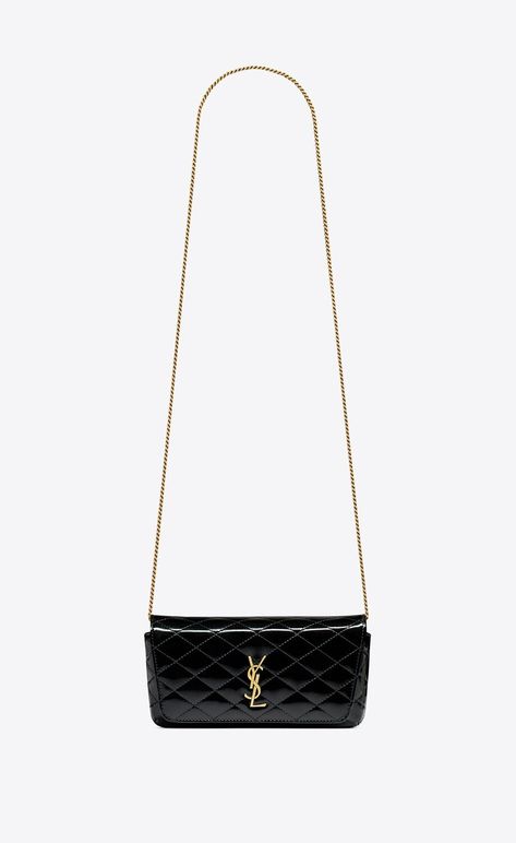 GABY chain phone holder in quilted patent leather | Saint Laurent | YSL.com Handbags Collection, Crossbody Handbags, Womens Crossbody Bag, Metal Style, Quilted Leather, Leather Chain, Small Leather Goods, Phone Holder, Leather Crossbody Bag