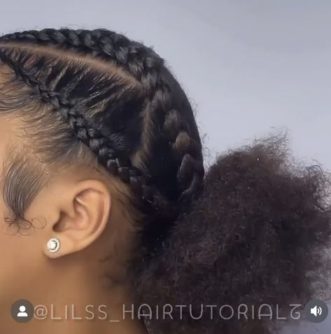 4c Volleyball Hairstyles, Cornrow Puff Hairstyles For Black Women, Braided Up Puff Natural Hair, 4 Braids Natural Hair, 2 French Braids Into Buns, Cornrow Into Ponytail Natural Hair, Dutch Braids 4c Hair, Cornrows Into A Bun Natural Hair, Low Pony Hairstyles Natural Hair