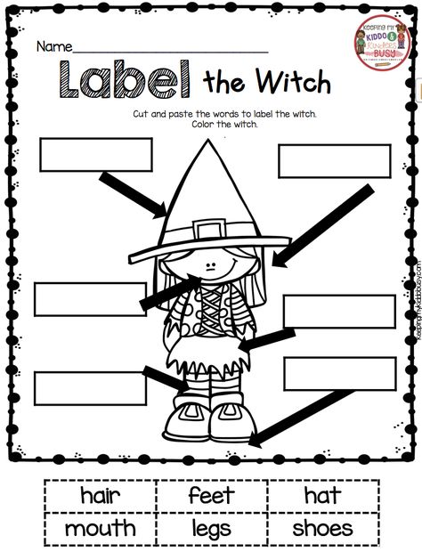 FREE Label the Witch kindergarten worksheet - perfect for a Halloween Party #kindergarten #labeling #halloween October Writing Prompts, October Math, Kindergarten Homework, Math Pages, Halloween Kindergarten, Daycare Room, Halloween Worksheets, Halloween Week, Common Core Kindergarten