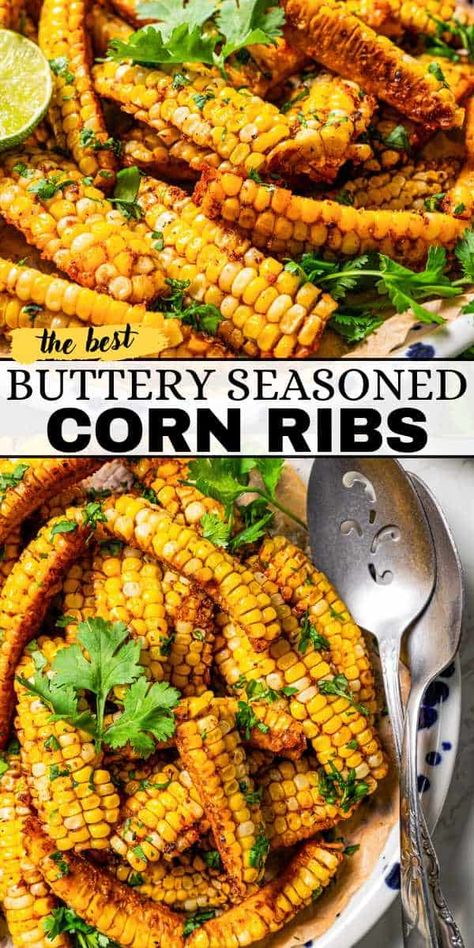 Sweet corn ribs are juicy, seasoned corn kernels brushed with butter and roasted to perfection in the oven or air fryer. They make an easy and delicious veggie appetizer or side dish! #cornribs #appetizer #vegetarian Cooked Corn Recipes, Corn Ribs Oven, Mexican Corn Ribs, Pioneer Woman Corn Ribs, Vegan Corn Ribs, Corn Ribs Recipe Grill, Corn Ribs Recipe, Veggie Appetizer, Appetizer Vegetarian