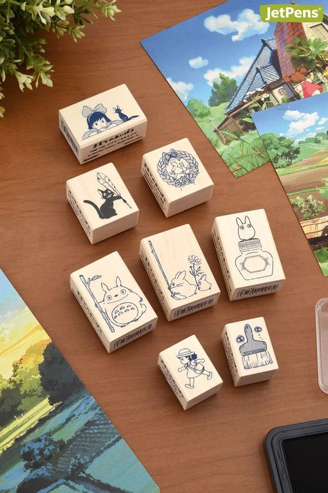 A perfect gift for fans of Studio Ghibli and Hayao Miyazaki, these rubber stamps feature charming illustrations inspired by Studio Ghibli films. They are designed to be paired with your favorite washi tapes. Studio Ghibli Films, Washi Tapes, Hayao Miyazaki, Jet Pens, Miyazaki, Drawing Tools, Pottery Painting, Studio Ghibli, Rubber Stamps