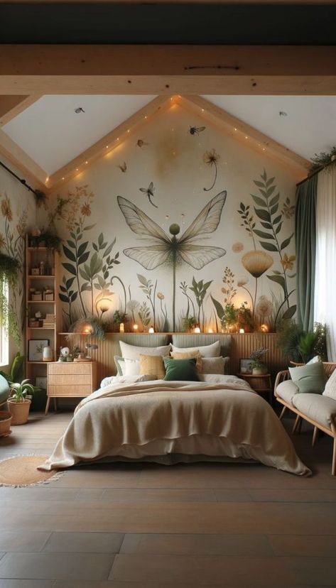 Diy Fairy Garden Room Decor, Fairyland Bedroom Ideas, Forest Themed Room Aesthetic, Fairy Inspired House Interior, Fairy House Inspiration, Green Fairy Bedroom Aesthetic, Meadow Themed Bedroom, Fairy Style Bedroom, Fairy Lights Kids Room