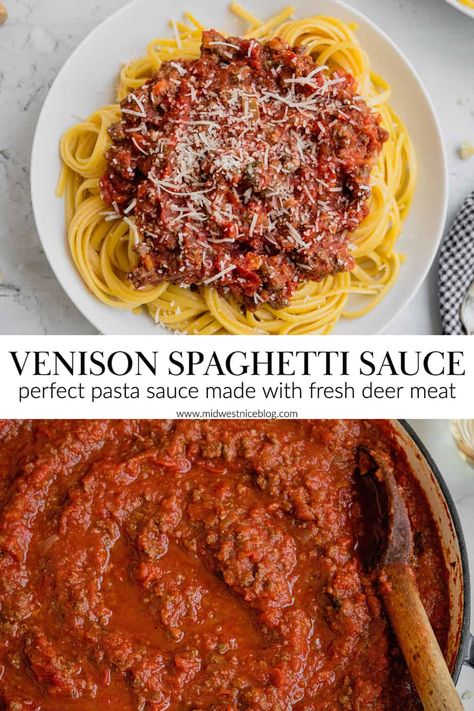 Venison Spaghetti, Elk Meat Recipes, Ground Venison Recipes, Meat Sauce Recipe, Homemade Spaghetti Sauce Recipe, Venison Meat, Sauce For Pasta, Pasta With Meat Sauce, Deer Recipes