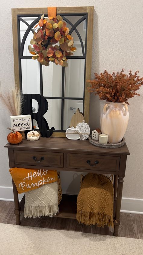 Some items linked 🍂 Comment down below if there’s an item you like that happens not to be linked 🤎 Fall Table Cloth Ideas, Thanksgiving Entry Table Decor, Decorating For Thanksgiving Home, Basement Salon, Fall Table Cloth, Table Cloth Ideas, Mexican Farmhouse Decor, Decorating For Thanksgiving, Farmhouse Style Living Room Decor