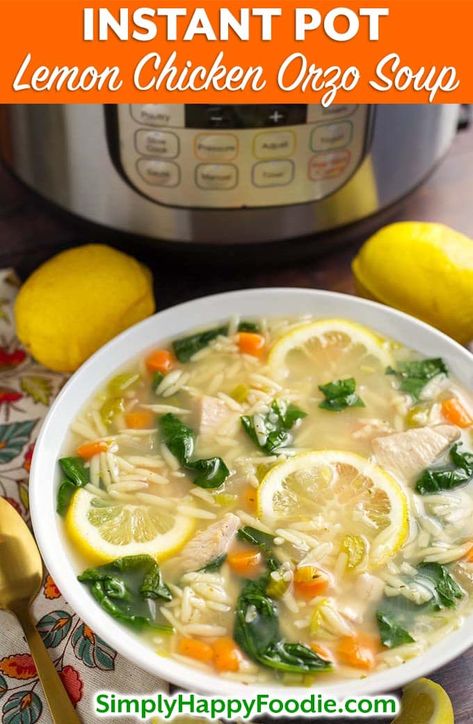 Instant Pot Lemon Chicken Orzo Soup is a light and delicious soup that you can make in minutes. This pressure cooker lemon chicken orzo soup is a healthy and simple Instant Pot chicken soup. simplyhappyfoodie.com #instantpotchickensoup #instantpotsoup #pressurecookerchickensoup Soup Orzo, Pressure Cooker Chicken Soup, Orzo Rice, Instant Pot Lemon Chicken, Simply Happy Foodie, Lemon Chicken Orzo, Orzo Soup, Electric Pressure Cooker Recipes, Chicken Orzo Soup