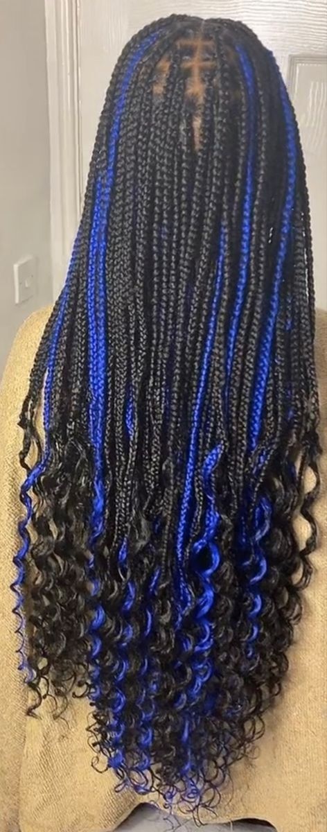 Blue Braids With Curls, Black And Blue Braids, Blue And Black Braids, Black Braids Hairstyles, Knotless Braids With Curls, Blue Box Braids, Blue Braids, Black Box Braids, Black Curls