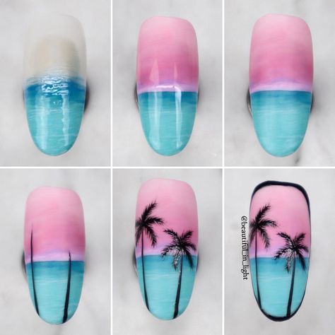 Blue Sea Nail Designs, Palm Tree Nail Designs Beach, Pink And Blue Beach Nails, Island Nails Tropical Simple, Sea Nail Art The Beach, Sea Nail Art Summer, Island Nails Designs, Tropical Nails Beach, Island Nails Tropical