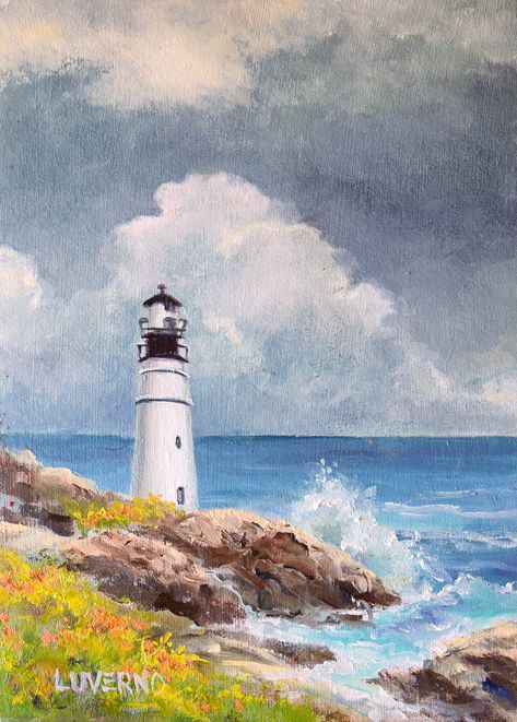 SOLD (52 $). Please write me if you want a commission custom painting similar to this one! LuvernoArt ©. Light House Paintings, Light House Paintings Easy, Lighthouse Acrylic Painting, Light House Painting Acrylic, Lighthouse Painting Easy, House Boho Decor, Paintings References, Beach House Boho, Sea Landscape Painting