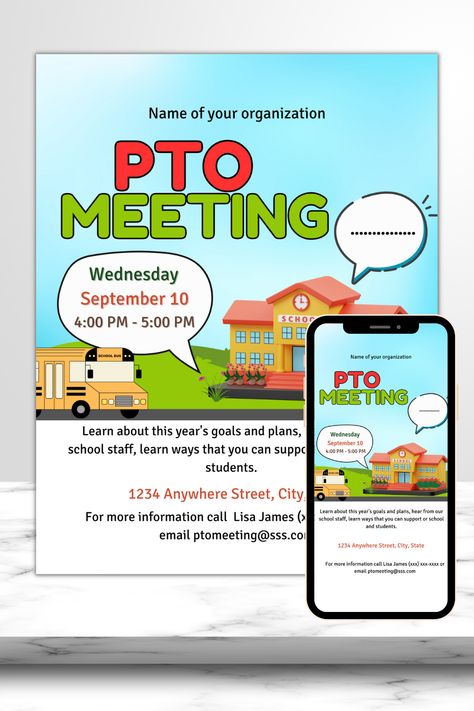 Editable PTO meeting flyer, school event, pto fundraiser, red blue and green Templates, Mobile Phone Text Party Email SMS Pto Meeting, School Event, School Community, School Staff, Meet The Teacher, Community Events, First Day Of School, Education, How To Plan