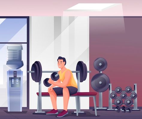 Young man exercising in fitness gym room... | Free Vector #Freepik #freevector #fitness-equipment #weight-lifting #gym-illustration #gym-equipment Fitness Drawing Illustration, Gym Animation, Gym Drawing, Gym Illustration, Book Pose, Fitness Illustration, Man Exercising, Workout Art, Sitting On Bench