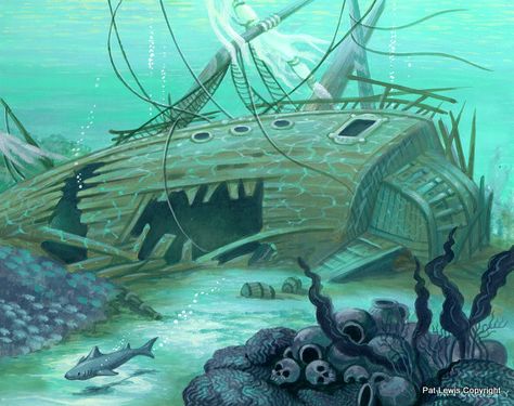 Ship Wreck Art, Sunken Ship Painting, Sunken Pirate Ship, Wreck Room, Exterior Perspective, Sunken Boats, Sunken Ships, Sunken Ship, Ship Wreck