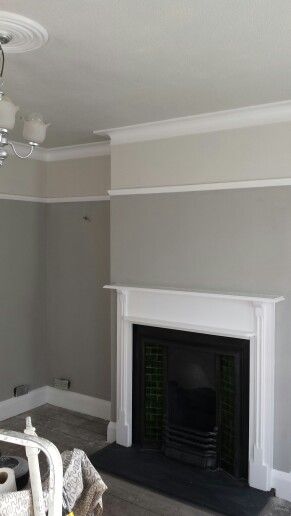 After painting in Dulux matt misty mountain, pebble shore (above picture rail and on ceiling) and white cotton satinwood on woodwork. Ceiling Coving, Hallway Colours, Victorian Living Room, Picture Rail, Misty Mountain, Edwardian House, Front Rooms, Lounge Decor, Decoration Inspiration