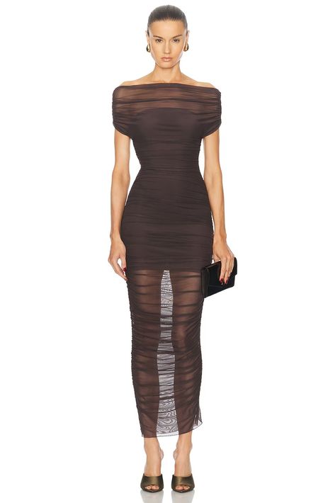 SER.O.YA Noel Off Shoulder Midi Dress in Ash Brown | FWRD Strapless Slip Dress, Couture Fashion Runway, Off Shoulder Midi Dress, Fancy Nancy, Ash Brown, Fashion Runway, Verona, Couture Fashion, Runway Fashion