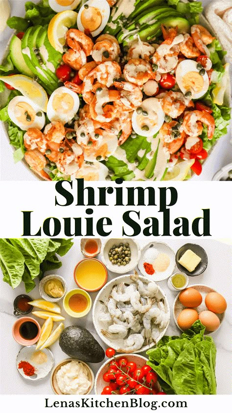 Shrimp Louie Salad is a refreshing-yet-indulgent classic that combines a medley of vibrant mix-ins with a boldly-flavored dressing. This salad is studded with plump, juicy shrimp, creamy avocado, and crisp romaine lettuce, all drizzled with a tangy Thousand Island-inspired sauce. It's perfect for a light lunch, weekend brunch, or elegant main. Shrimp Salad With Lettuce, Salad Shrimp Recipes, Shrimp Salad Recipes Lettuce, Shrimp Louis Salad, New York Deli Style Shrimp Salad, Ny Deli Shrimp Salad, Shrimp Louie Salad Dressing, Immitation Crab Recipes, Lunch Weekend