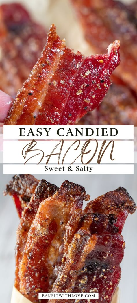 Candied bacon is the perfect salty and sweet treat to add to any of your favorite brunch recipes, use as a garnish, or snack on by itself! Thick-cut bacon is lightly seasoned and then coated with brown sugar that melts down in the oven! It's so delicious that you will start adding it to everything! BakeItWithLove.com #bakeitwithlove #candiedbacon #bacon #brunch #snack #garnish Best Candied Bacon, Bacon Brunch, Candied Bacon Recipe, Easy Bacon Recipes, Bacon Treats, Snacks Chicken, Appetizers Game Day, Bottle Wind Chimes, Bacon Seasoning