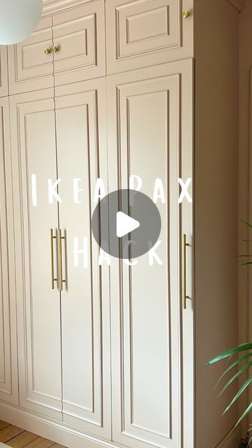 Ｌａｕｒａ Ｍａｇｅｅ on Instagram: "Dressing room reveal part 2: using my favourite Ikea Pax hack!   Another Ikea hack…because well, why not!   The bespoke looking wardrobes are in fact Ikea pax. See below process for the bespoke effect:  -base built from wood to lift wardrobes off the ground. -skirting is carried along the front of base to conceal it and blend the wardrobes into the room. -doors made from MDF with help from a joiner -pelmet from b&q added to top of wardrobes to make it look like a genuine period feature of the room. - beading/trims added to front of doors to make them look Victorian. - door fronts for drawers made using MDF and beading to match the wardrobe door fronts.  -sides of wardrobe didn’t need padding out (unlike master bedroom) as the wardrobe wasn’t within an alcove.   I Moulding On Wardrobe Doors, Victorian Built In Wardrobe, Pax Wardrobe Door Hack, Ikea Pax Wardrobe Hack Built Ins, Ikea Pax Grimo, Panelled Wardrobe Doors, Ikea Pax Bedroom, Ikea Pax Wardrobe Doors, Ikea Floating Cabinet